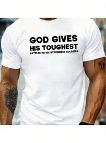 1 Pc 100% Cotton Plus-Size Men's Summer T-Shirt, God's Toughest Battle Graphic Print Short Sleeve  Casual Top For Everyday Life, Big And Tall - White - View 1