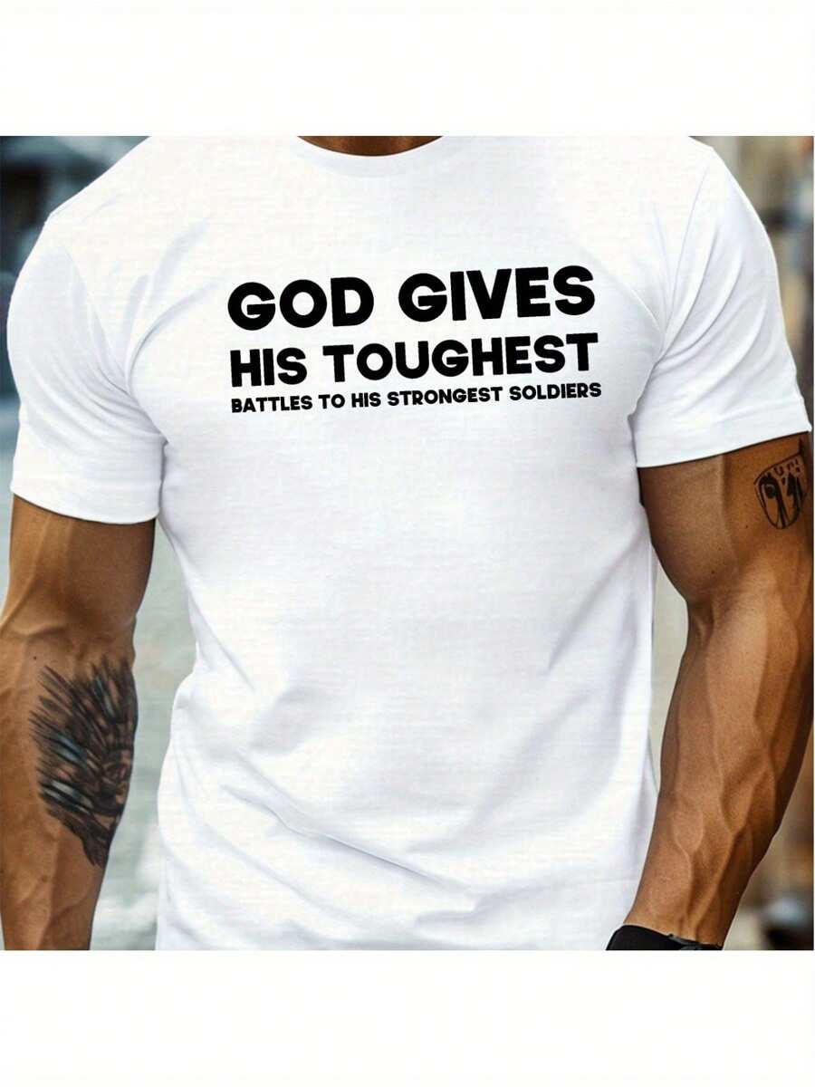 1 Pc 100% Cotton Plus-Size Men's Summer T-Shirt, God's Toughest Battle Graphic Print Short Sleeve  Casual Top For Everyday Life, Big And Tall - White - View 1