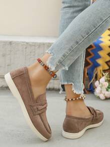 Plus Size Women's Round Toe Suede Slip-On Fashion Loafers, Versatile Casual Comfortable Flat Boat Shoes For Spring/Summer Daily Commute, New 2025 EU/US - Khaki - View 6