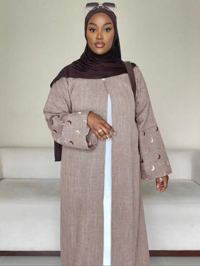1 peça moda simples tamanho único multicolorido lua bordado feminino cor sólida roupa do oriente médio saia longa elegante cardigan punho bordado vestido robe abaya adequado para festivais diários