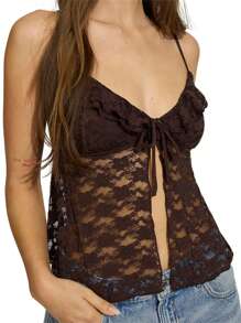 Women's Cropped Lace Cami Tops Sleeveless Open Back Open Front  Tie Up Tank Tops - Brown - View 4