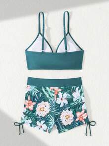 2pcs Green Floral Print Wrap Style Swim Brief Set, Suitable For Multiple Occasions Vacation Beach Summer - Blue - View 4