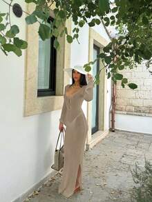 女式纯色 V 领露背褶皱腰身紧身前扣简约日常罩衫长裙（不含比基尼），夏季海滩度假女士性感钩针透明长裙波西米亚风优雅飘逸系带袖罩衫秋季镂空连衣裙宽松网眼，春夏秋季 - 卡其色 - 查看 6
