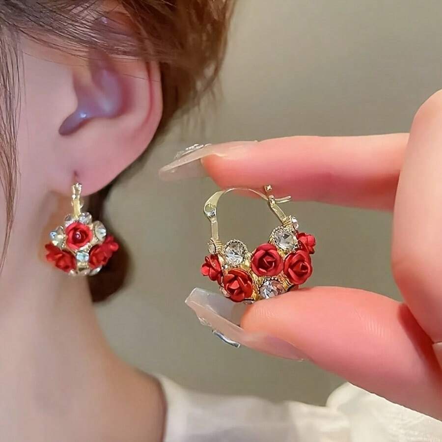 2pcs Elegant Rose Flower Basket Earrings, Fashion Floral Earrings With High-Quality Design, Suitable For Banquets, Parties, Valentine's Day, Mother's Day, Ramadan And Easter, Y2K Style
