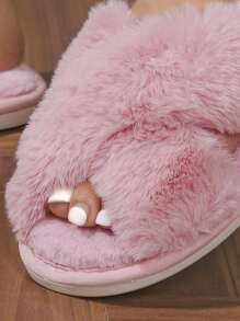 Women's Criss-Cross Fluffy Slip-On Slippers, Fluffy Rabbit Fur Crossover Style, Cross-Border Slippers - Pink - View 7