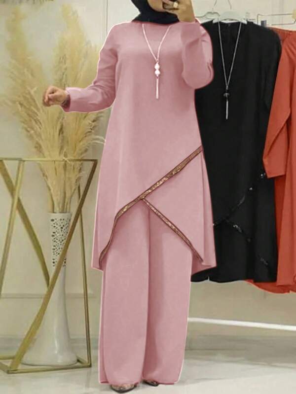 2pcs Women's Asymmetric Hem Long Sleeve Long Tunic Top And Pants Arabic Style Outfits,Modest