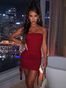 1 pieza Vestido mini ajustado de estilo europeo sexy con pliegues, vestido de tirantes de verano de moda con ajuste ceñido