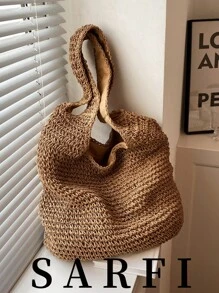 Women Large Capacity Shoulder Bags Handmade Straw Woven Bohemian Shopper Totes Bag