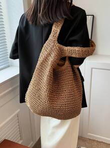 Women Large Capacity Shoulder Bags Handmade Straw Woven Bohemian Shopper Totes Bag
