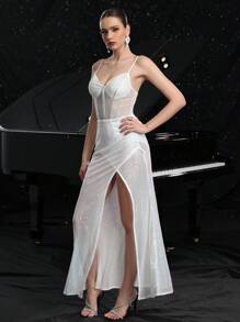 Women's Glamorous Mesh Sheer Rhinestone Splicing Colorful Sequins Slit Corset Bodice Party Maxi Dress, Perfect For Special Occasions,Gown,Formal,Evening,Wedding Guest - White - View 4