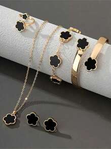 6 件/套女孩时尚首饰套装，带有幸运四叶草设计 - 项链、手链、手镯、戒指、耳环，是女孩的完美配饰 - 彩色 - 查看 1