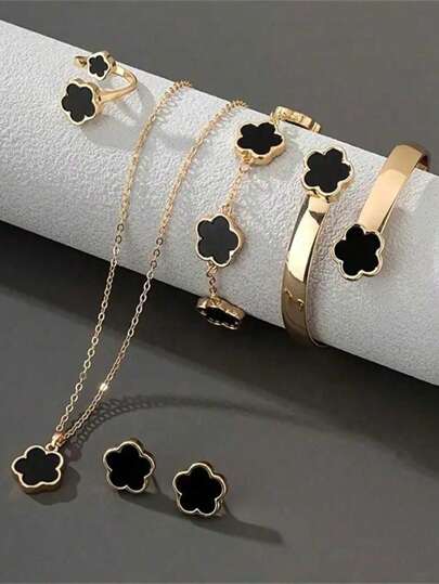 6 件/套女孩时尚首饰套装，带有幸运四叶草设计 - 项链、手链、手镯、戒指、耳环，是女孩的完美配饰