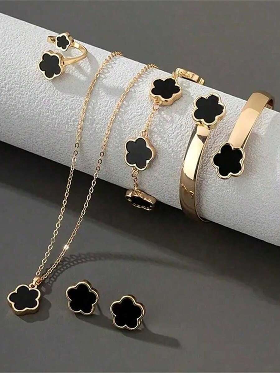 6 件/套女孩时尚首饰套装，带有幸运四叶草设计 - 项链、手链、手镯、戒指、耳环，是女孩的完美配饰 - 彩色 - 查看 1