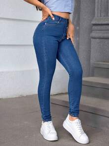 Jeans de mujer de cintura alta elásticos, tela mezcla de poliéster, corte relajado, cintura elástica, cierre de cremallera - Azul Marino - Ver 5