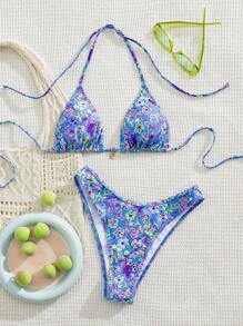 New Soft Fabric Printed Halter Tie Bikini Set, Elegant Party Beach Fashion For Ladies