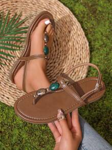 Women's Rhinestone Sandals, Lightweight, Casual, Versatile, Flat, Fashion, Summer Beach Wear - Brown - View 4