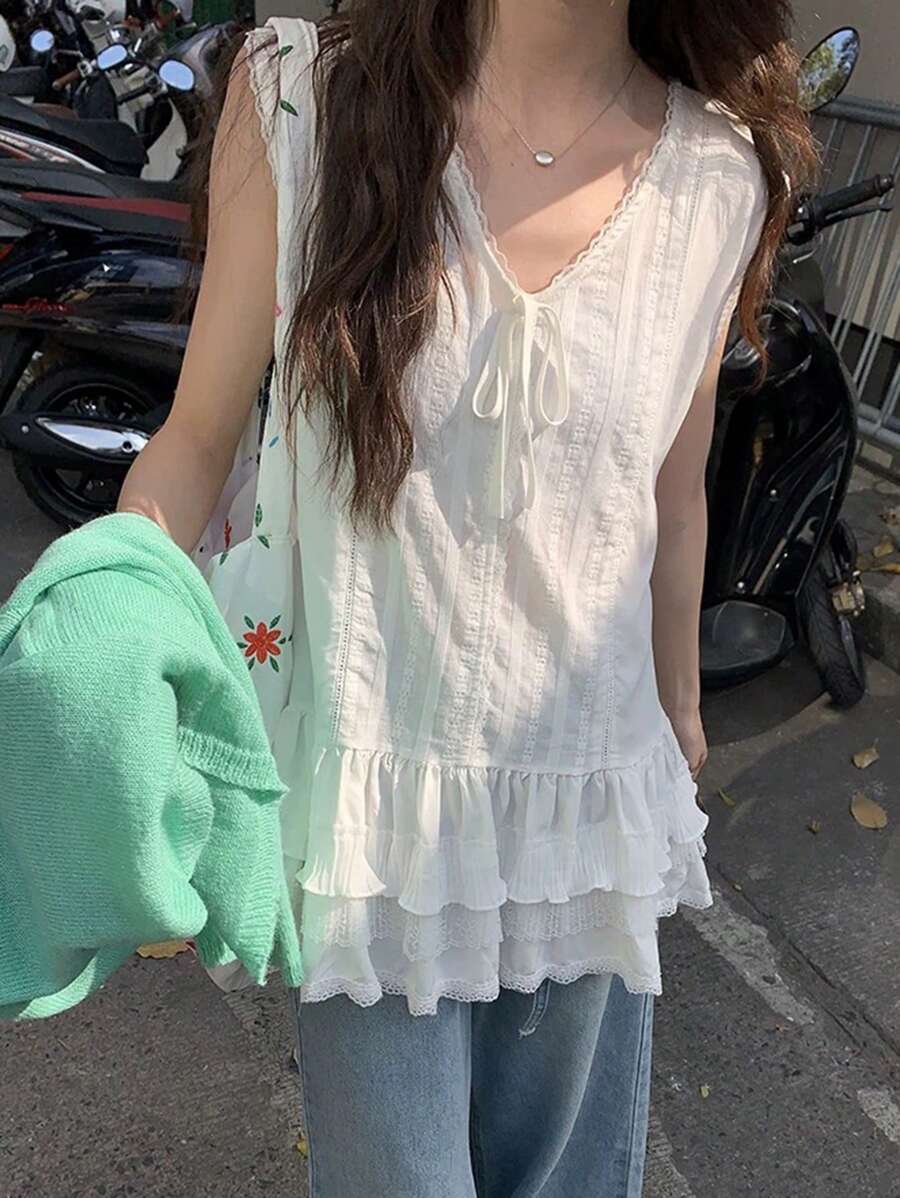 Lace Trim Sleeveless A-Line Mini Dress Layered With Camisole Top, Versatile