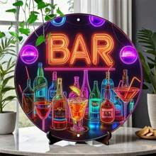 1pc Bar Metal Sign, Vintage Flat Metal Round Poster With Colorful Drink Bottles And Wine Glasses, Art Bar Wall Decor, Suitable For Bar, Cafe, Beach House, Backyard, Size: 19.81 X 19.81 Cm, Random Hole Position