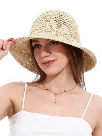 1pc Casual Solid Color Bohemian Vintage Palace Style Cute Elegant Street Fashion Laser Cut Decorative Sunscreen Windproof Straw Hat For Summer