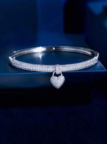 1pc Sparkling Micro Pave Cubic Zirconia Dangling Heart Shape Charm Open Bangle Bracelet For Women, Daily Engagement Wedding Party Jewelry Accessories
