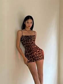 Women Mini Dress Leopard Print Sleeveless Cami Dress Summer Fashion Spaghetti Strap Dress - Brown - View 3