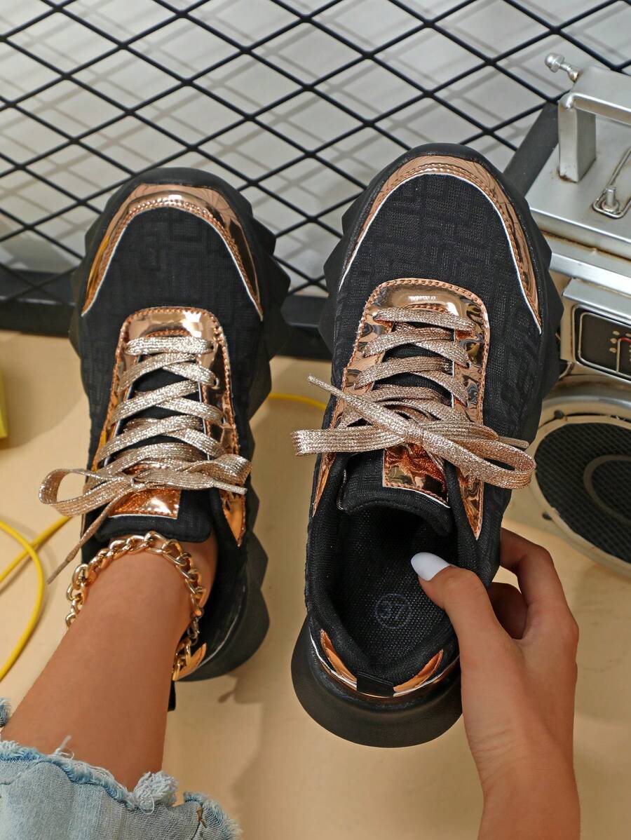 Women's Casual Outdoor Sports Shoes With Gold Mirror Leather & Black Mesh Panels, Breathable & Lightweight - View 1