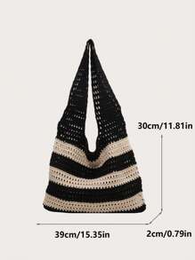 Women's Aesthetic Contrast Color Knitted Shoulder Bag Hollow Out Stripe Tote Handbag Woven Female Fashion Accessory Hollow Out Tote Bag Shopping Bags Shoulder Bags Crochet Stripe Knitted Beach Bags Large Capacity Versatile Bags For Women - Black and White - View 10