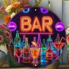 1pc Bar Metal Sign, Vintage Flat Metal Round Poster With Colorful Drink Bottles And Wine Glasses, Art Bar Wall Decor, Suitable For Bar, Cafe, Beach House, Backyard, Size: 19.81 X 19.81 Cm, Random Hole Position