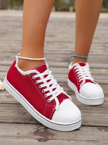 女士圆头休闲帆布鞋，系带设计，鞋面毛边，2026春秋新款校园风，适合日常穿着、居家、通勤、工作等各种场合，四季皆宜，PVC轻便透气鞋底。 - 紅色 - 查看 6