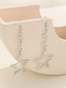 1 Pair Dainty Hollow Star Pendant Earrings, Suitable For Everyday Wear - Silver - View 2