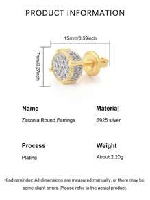 1 Pair Of Luxurious Retro S925 Sterling Silver Hip-Hop Men'S Earrings With Synthetic Zirconia Micro Inlaid 14k Gold Plated Round Earrings Suitable For Daily Party Wear