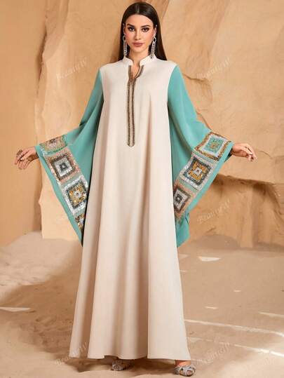 Vestido informal holgado de manga larga con bloqueo de color, estilo árabe elegante y modesto tipo kaftan