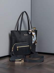 3pcs Set Quilted Wave Pattern Large Capacity Tote Bag With Matching Shoulder Crossbody Camera Bag And Coin Purse, Classic Color Block - Multicolor - View 1