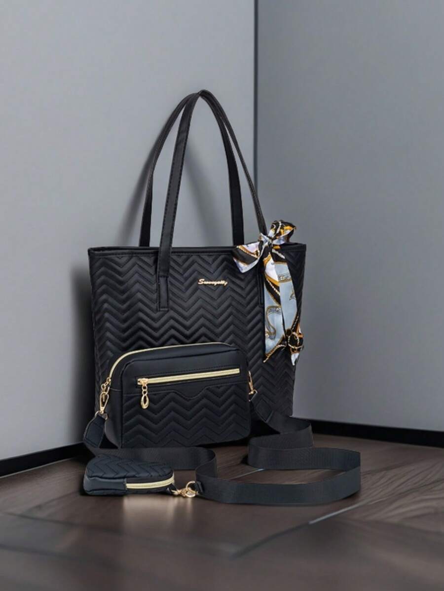 3pcs Set Quilted Wave Pattern Large Capacity Tote Bag With Matching Shoulder Crossbody Camera Bag And Coin Purse, Classic Color Block - Multicolor - View 1