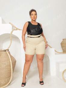 Plus Size Tailored Shorts With Elegant Belt Summer - 米色 - 查看 2