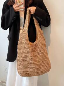 Women Large Capacity Shoulder Bags Handmade Straw Woven Bohemian Shopper Totes Bag