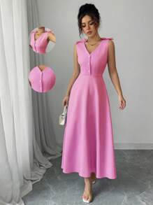 Vestido midi con lazo y botones en la cintura de color azul sin mangas para mujer Elenzga