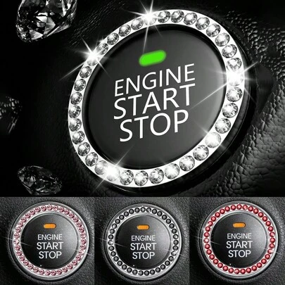 汽车内饰装饰标志贴纸闪亮汽车水晶水钻戒指配件（女士）汽车零件点火发动机启动按钮和钥匙点火启动器和旋钮戒指闪亮汽车水晶水钻戒指标志贴纸