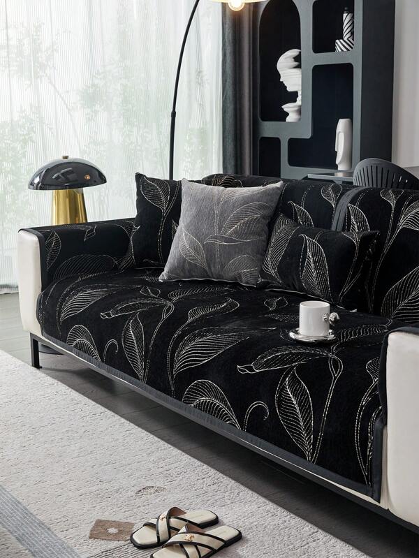 1pc Modern Simple Leaf Pattern Chenille Anti-Scratch Sofa Cushion, Dirt-Resistant