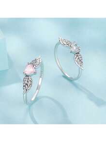 bamoer 1 件 925 纯银天使之翼戒指女士精美珠宝白色/粉色心形锆石永恒戒指结婚礼物