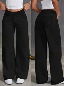 1pc Teen Girls Casual Loose Outdoor Exercise Poket Straight Leg Pants, Spring/Summer/Autumn - Black - View 1