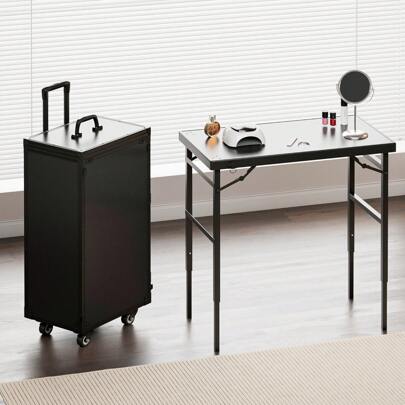 Manicure Trolley With Detachable Table, Manicure Table Foldable Traveling Nail Desk With Storage, Worktable And Mirror, Cosmetic Case Nail Table