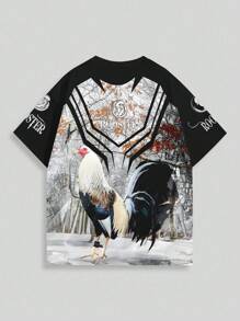 Áo thun nam cổ tròn in hình gà trống cổ điển, áo thun tay ngắn cổ tròn 100% polyester, vải dệt kim, áo chui đầu phù hợp cho mọi mùa - Nhiều màu - Xem 2