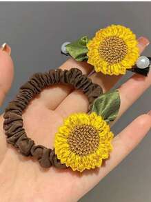 2pcs Cute Sunflower Hair Clips And Hair Ties, Sweet Style Hair Accessories Set, Suitable For Outdoor Activities