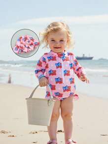 Toddler Girls Rash Guard Swimsuit Rompers Independence Day Print Baby Ruffles Bathing Suit Swimwear With Swim Cap - Pink - View 1