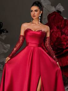 Smilprince Vestido de Baile de Cetim Borgonha com Ombros à Mostra, com Luvas Bordadas e Decote Princesa, Vestido de Formatura com Fenda Alta para Mulheres, Vestido de Noite Formal, Vestido de Convidado de Casamento, Vestido de Festa Elegante