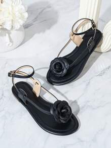 New Fashion Versatile Floral Design Comfortable Tie-Up Soft Sole Flat Sandals For Women, Suitable For Spring/Summer/Autumn Resort & Outdoor Wear - Black - View 2