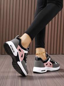 Plus Size Air Cushion Lightweight Casual Women Shoes, Black Patchwork Sports Shoes For Women Women's Platform Thick Bottom Sports Shoes Women's Wedge Sneakers Thick Sole Increase Height Women Sports Shoes Increase Height Men Shoes Men's Thick Sole Shoes Lace-Up Simple Couple Leisure Travel Shoes, Men's Sports Shoes - Black - View 4