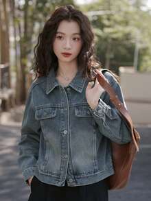 女士纯色百搭水洗牛仔短款夹克，时尚修身，秋冬 - 深色水洗藍 - 查看 2