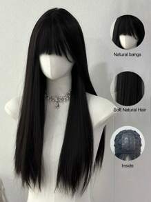 韩国合成黑色 26 英寸长直发假发 合成自然长直发带刘海假发 - 黑色 - 查看 5